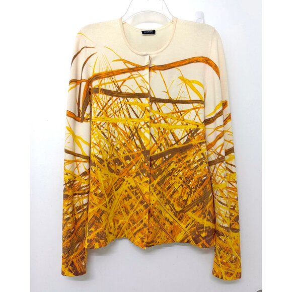 Akris Grass Print Silk Cardigan Sweater Yellow Straw Hay Stripe Button Down 10 - Picture 1 of 16